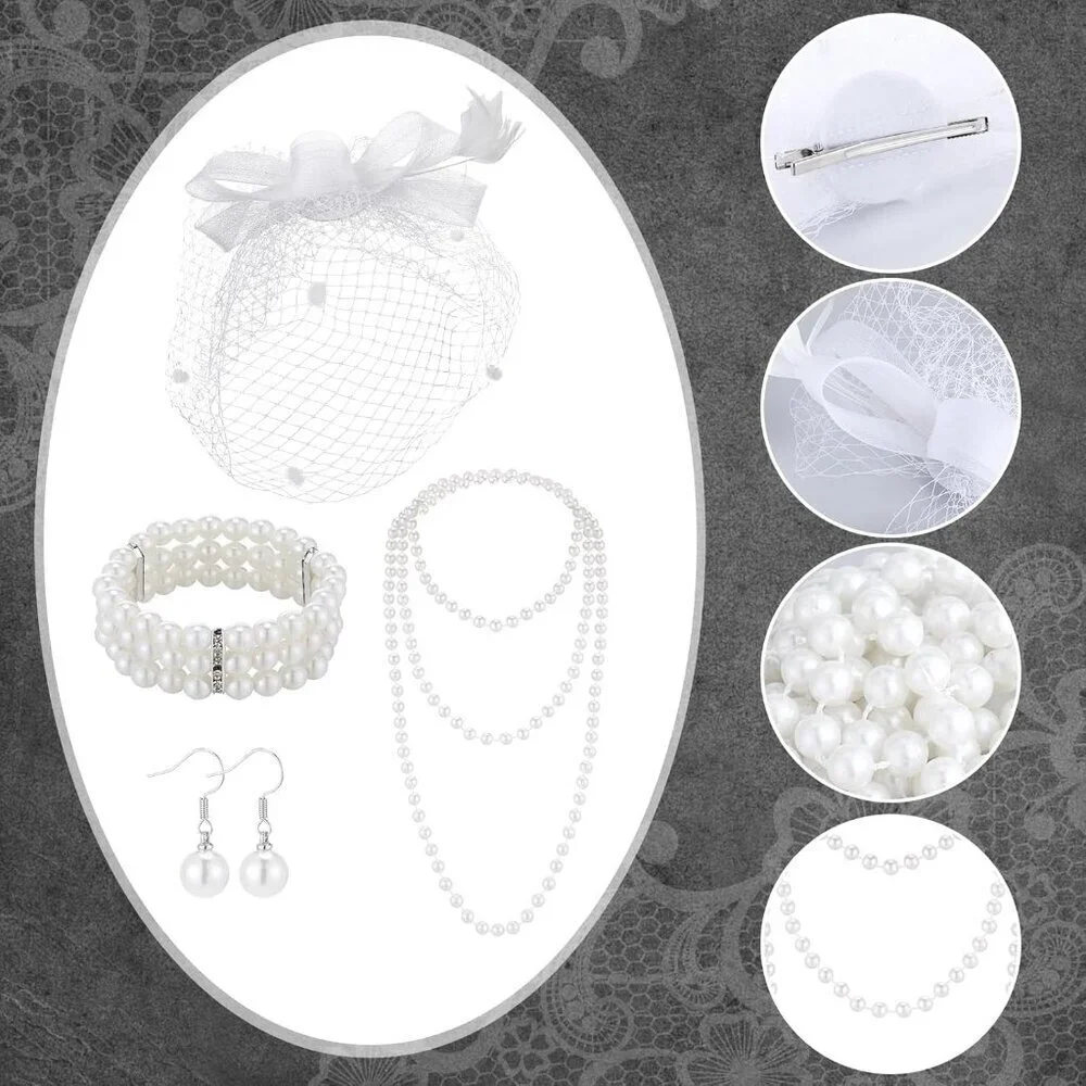 Women Halloween Costume Accessories Set Vintage Tea Party Hat Gloves Veil
